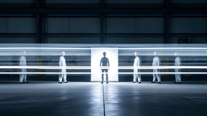 A solitary figure standing in the doorway and surrounded by others, symbolizing themes of isolation and connection. The lighting creates a sense of both clarity and mystery.