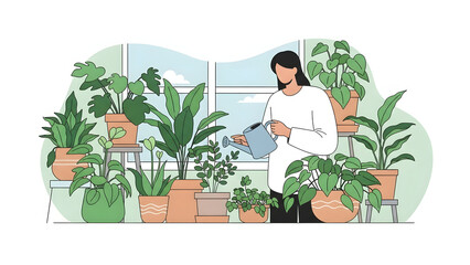 Woman waters her plants with a watering can in a bright room