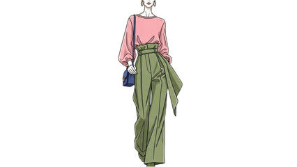 Fashion illustration of a woman wearing a pink top and green pants holding a blue bag