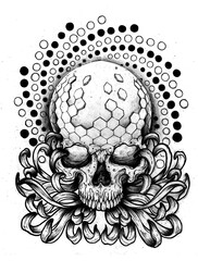 Hand-drawn pencil sketch of a skull with honeycomb patterns and floral elements. High-quality graphic scan, artistic tattoo design, and creative print. Manual artwork.