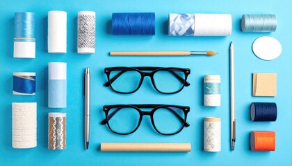 Blue background tools flat lay