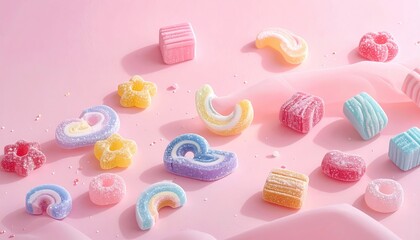 Assorted pastel candy on pink fabric