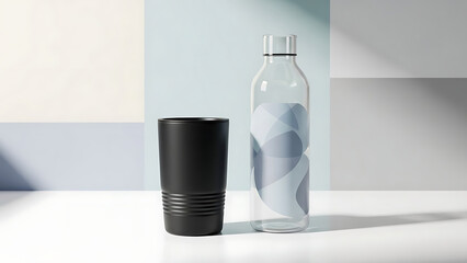 Stylish reusable thermal mug and transparent water bottle with minimalist design on a neutral background