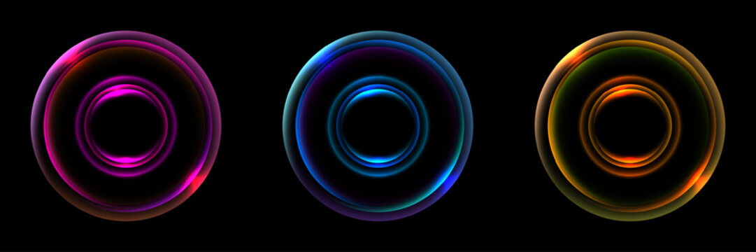 futuristic neon glowing rings in magenta blue and gold colors on black background for digital technology and luxury graphic design projects