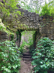 doorhole in stone wall and green plants. Old ruins of medieval castle Samobor. Croatia. Europe.