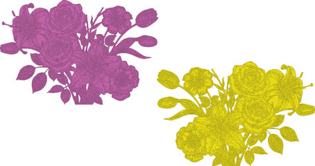 Abstract watercolor background featuring a floral vector illustration of a pink rose blossom with yellow petals and green leaves in a beautiful spring nature design