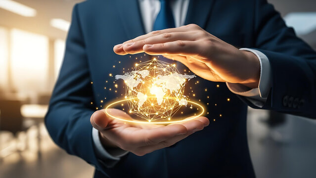 Businessman holding a glowing digital world map, symbolizing global business connectivity, secure networks, and worldwide protection. - Powered by Adobe