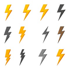 Twelve lightning bolt symbols in various colors on white