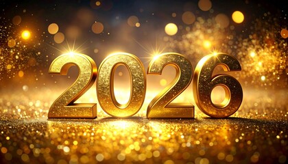 Golden 3D &ldquo;2026&rdquo; Text with Festive Lights and Sparkles