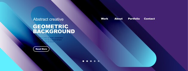 Abstract geometric background. Blue, purple gradients dominate design. Text includes work, about, portfolio, contact. Button reads read more.