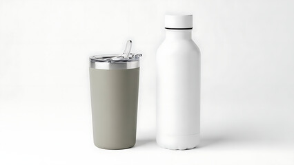 Two drink containers, a grey tumbler with a lid and straw, and a white water bottle, isolated on a white background