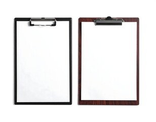 Two clipboards with white paper, one black, the other wood-grain