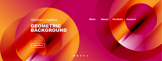 Abstract geometric background features vibrant pink, orange hues. Website navigation includes work, about, portfolio, contact options.