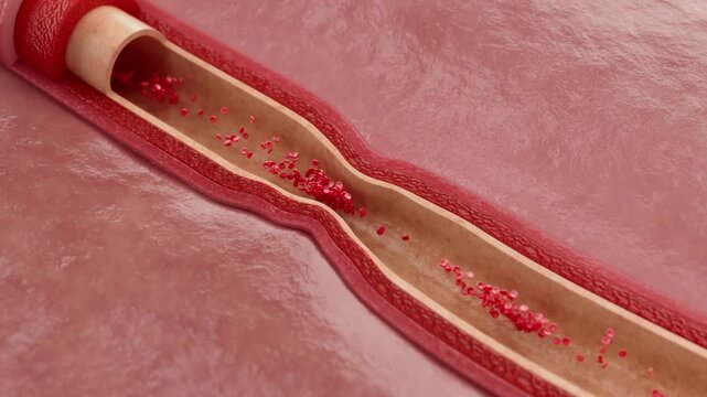 Vascular stenosis, hypertension attacks, poor coronary artery blood flow, coronary heart disease, heart attacks, atherosclerosis, cerebral infarction, hypertension, 3D animation. Horizontal version.