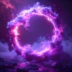 Circular neon glow amid smoky clouds