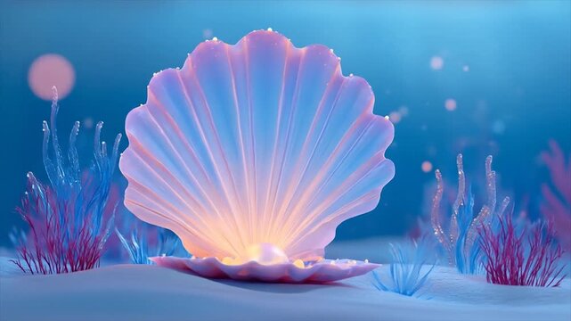 Animated seashell with glowing light underwater in a tranquil ocean scene