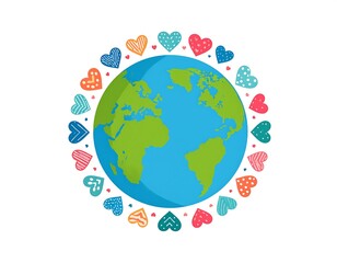 A stylized Earth globe encircled by colorful hearts