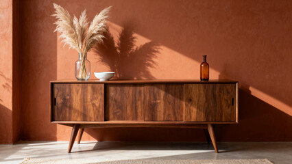 Mid-century modern wooden sideboard with pampas grass and amber bottle on terracotta wall background