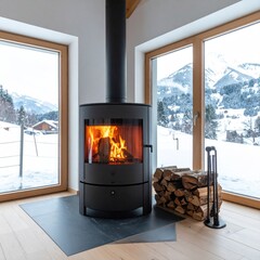 Cozy black fireplace with scenic view