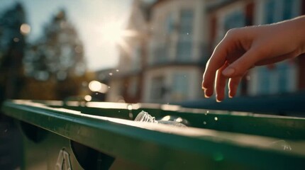 Responsible citizen takes a step towards a greener future by recycling waste in a bright outdoor setting