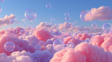 surreal pink bubbles in dreamy pastel cloudscape against vibrant blue sky
