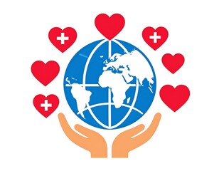 A stylized globe, encircled by red hearts and plus signs, held within outstretched hands