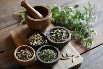 Wooden mortar and pestle with bowls of dried herbs on a wooden board wooden bowls