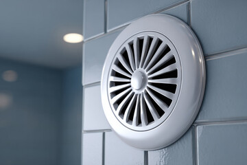 A bathroom fan mounted on a tiled wall. Air circulation and humidity control for hygiene.