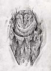Hand-drawn pencil sketch of a mystical owl. High-quality graphic illustration with intricate details, perfect for tattoo design, art prints, and creative posters. Scanned original artwork