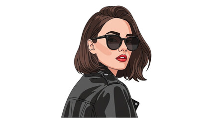 Illustration of a woman wearing sunglasses and a leather jacket, looking stylish and confident.