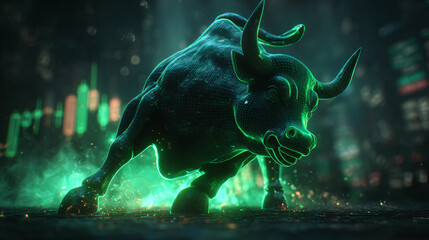 Digital rendering of a bull with glowing green highlights and a stock market background.