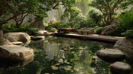 serene zen garden with tranquil water feature and lush greenery ideal for mindfulness promotion or relaxation concepts in spas and wellness centers