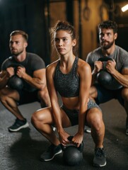 Obraz premium group of fit people holding kettle bell during squatting exercise at gym fitness girl and men lifting kettlebell during strength training exercising young people doing squat with heavy kettlebells no