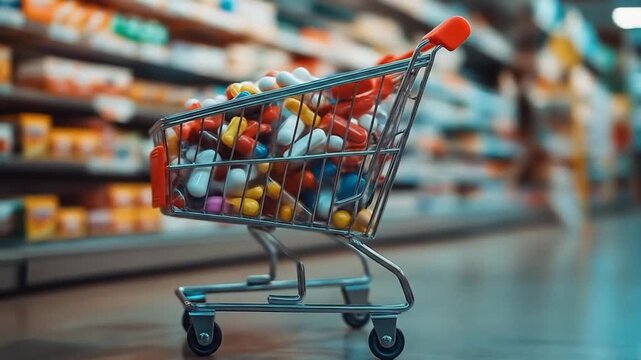 Shopping cart overflowing with colorful pills
