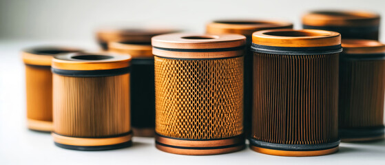 Brass and plastic oil filters for vehicles are arranged on a white background, highlighting their sleek design and high-quality materials that ensure reliability