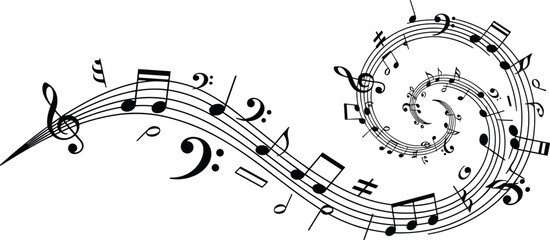 Abstract musical notes flowing in spiral wave illustration, creative melody rhythm concept, elegant black and white music design vector background © Sree