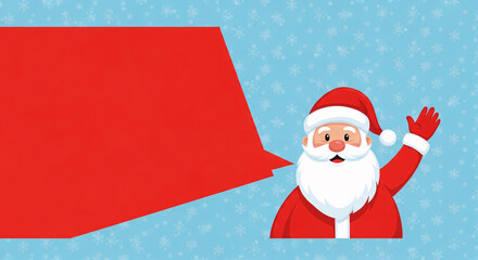 Santa Claus waving and gesturing with a large red speech bubble on a blue snowy background, Christmas greeting