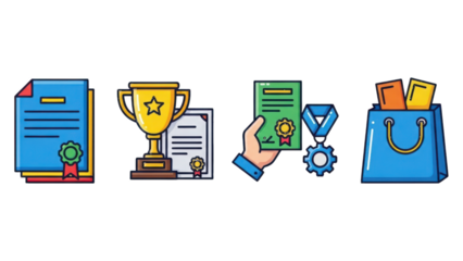 Colorful of book, trophy, certificate, and shopping bag with gears and medals isolated on a transparent background
