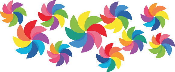 Obraz premium Colorful abstract pinwheel flower shapes pattern illustration, vibrant geometric swirl design elements, 