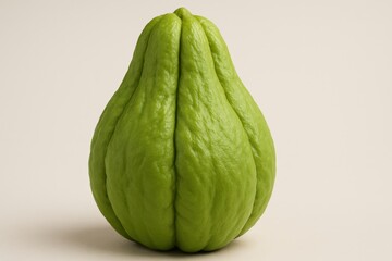 Fresh, vibrant green chayote squash with unique ridges on a neutral backdrop.