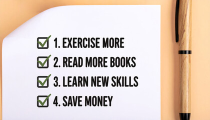 Resolution goals finance new year list planning money budget savings investment success wealth motivation checklist for personal growth and financial planning with pen paper showing checked goals