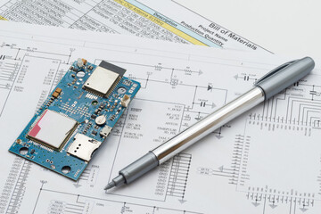 Prototype circuit board placed on schematic and BOM documents, illustrating electronics design review, component verification, and engineering workflow before production.