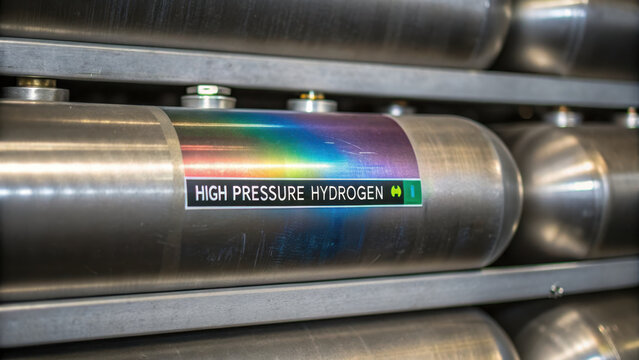 Hydrogen clean fuel production. High pressure hydrogen storage tank with rainbow reflection, showcasing industrial technology