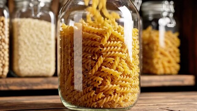 Dried pasta shapes (penne or fusilli) falling into a glass jar, clattering visual, pantry organization.