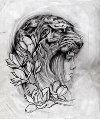Hand-drawn pencil sketch of a woman in a tiger headpiece with magnolia flowers. High-quality graphic scan, perfect for tattoo ideas, art prints, and creative designs. Detailed manual artwork.
