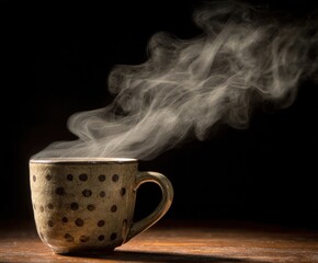 A steaming cup of warm beverage on a wooden table with a dark background.