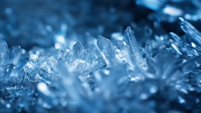 Macro shot of blue, ice crystals, sparkling frost, intricate needle structures, frozen glass and ice