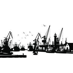 Black and white silhouette of a busy harbor