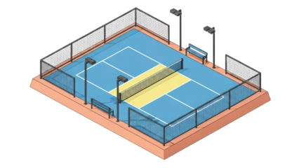Isometric view of a blue tennis court with yellow center lines and benches isolated on a transparent background