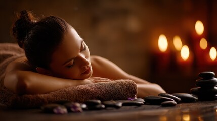 a tranquil spa scene with a woman enjoying a hot stone massage surrounded by soft candlelight perfect for advertising relaxation wellness beauty and luxury spa services